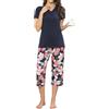 TeJoyce Pigiama Donna Estivo Corto, Pigiami 2 Pezzi in Cotone, Set Maglietta con Scollo a V e Maniche Corte e Pantaloni 3/4 a Fiori, Abbigliamento Notte Donna Leggero e Fresco per Casa Blu Marino, XXL