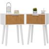 YMYNY Set di 2 Comodini, Tavolino in Legno, Cassetti decorati in ondulata, Maniglia magnetica, Gambe di legno massiccio, Catena di fissaggio, per Camera da Letto, Bianco e Naturel HST014WN-2