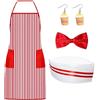 NebulaGlam 4 pezzi Kit Costume da Cameriere Anni '50, Adulto Cameriere Costume Kit con Grembiule a Righe Rosse e Bianche, Cappello da Cuoco, Papillon, Orecchini, per Carnevali e Feste a Tema