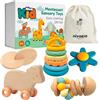 nivakid Giocattoli Montessori per Neonati 3-36 Mesi, Idea Regalo Bebè 1 Anno, Set Sensoriale in Legno e Silicone, Sonaglio, Gioco con Ruote e Ventose, Sicuro e Durevole
