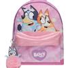 Bluey Zaino Rosa & Bingo - Asilo e Scuola con Bordo Glitterato, Tasca Frontale, Portabottiglie e Portachiavi con Pompon - Ufficiale per Ragazze e Ragazzi, Età 3+, Rosa, M