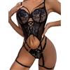 Real Intimate Lingerie Sexy da Donna Corsetto in Pizzo Mutandine e Giarrettiera Choker Pizzo Floreale con Ferretto Push Up Reggicalze, nero, Medium