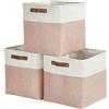 Mangata Collapsible Storage Cube Boxe, 25 cm cubo di lino, cesti di stoccaggio con manici in pelle, 3 pezzi (rosa e bianco)