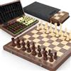 Puecrof Set di scacchi e dama magnetici in noce, 38 cm, 2 in 1, pieghevole, in legno, con figure Staunton, 2 signore extra, piastrelle e sacchetto per la polvere (nero)