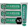 Marvis Classic Strong Mint Dentifricio, 3 × 85 ml, Dentifricio con garanzia di esperienza gustativa per una freschezza rinvigorente e duratura