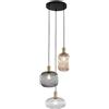 Luce Ambiente e Design LAMPADARIO A SOSPENSIONE EGADI NERO ,SMOKE E AMBRA E TRASPARENTE IN METALLO E VETRO TRE PENDENTI E27, VETRI D.14XH20CM, D.20XH18CM, D.25XH15CM