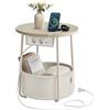VASAGLE LILEA Collezione - Tavolino, Tavolino Rotondo con Cestino in Tessuto e Multipresa, Spazioso, per Soggiorno Camera da Letto, Comodino, Stile Moderno, Beige Naturale e Bianco Crema LET228LL01