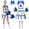 Moerstar Costume da cheerleader per bambini e bambine, con pompon da cheerleader, con fiocco, per capelli, da cheerleading, carnevale, Halloween, colore blu, 150
