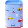 Makio Salvadanaio in latta per bambini in colori vivaci. Salvadanaio originale con coperchio. Utilizzabile anche come portapenne. (Automobili)