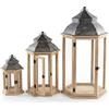 DRW Set di 3 lanterne in legno e parte superiore in metallo naturale e grigio 72x36x32 cm