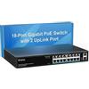 VIMIN Switch Poe Gigabit a 16 Porte con 2 Porta di Collegamento Gigabit, Switch Ethernet Poe Non Gestito a 18 Porte con Alimentazione di 250W, Supporto IEEE802.3af/at, VLAN, Involucro in Metallo