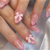 Yamobi 24 pezzi French Tip Press on Nails, unghie corte a forma di Almond, con design Pink Bow, Glossy Stick on Nails per donne, Y2K, Baby Pink Lace