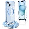 Pnakqil per Magnetica Cover per iPhone 15 Plus con Cordino, Compatibile con MagSafe, Ultra Sottile Cuore Silicone Custodia con Laccio Tracolla, Elettrolitico TPU Case con Collana per iPhone 15Plus,Blu