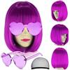 DAJOOEE Set di parrucche per feste, con cuffia e occhiali da sole, parrucca corta a caschetto dritta con frangia piatta, sintetica, colorata, per cosplay, feste quotidiane e feste (viola)