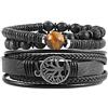 HZMAN Bracciali in vera pelle con albero della vita, unisex, occhio di tigre, pietra lavica, perline etniche tribali elastiche, 8.5 inches, Pelle, Nessuna pietra preziosa
