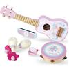 WOODENFUN Chitarra per bambini per ragazze, strumenti musicali in legno, giocattolo con ukulele, tamburello, maracas, armonica, set mini band per bambini di 2 3 anni, regalo di compleanno (rosa)