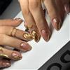 RUISPEED Gold Press on Nails - 24 Pezzi Corte Unghie Finte a Mandorla con Design a Linee Dorate 3D, Unghie Acriliche Brillanti da Applicare per Donne e Ragazze, Set Manicure Rosa Nude