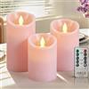 PinnWaa Candele LED in Vera Cera, Set da 3 Senza Fiamma a Colonna, Rosa | Telecomando a 10 Tasti, Timer 2/4/6/8 Ore, Funzionamento a Batteria, Luce Tremolante, Decorazione Interni, H 10/12.5/15 cm