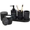Sapisecret Set da bagno da 6 pezzi | Dispenser di sapone + bicchiere per spazzolini da denti con vassoio e scatola di cotone | Design a strisce | resina di alta qualità | effetto marmo nero |