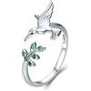 IMINI Anello aperto in argento Sterling S925 con colibrì e cristallo verde CZ regolabile espandibile per donne e ragazze