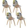 HOME DECO FACTORY, Set di 4 sedie stile scandinavo per sala da pranzo, tessuto patchwork, gambe inhêtre, schienale pieno e curvo, confortevole ed elegante, quadri multicolore, 58x86,5x47 cm