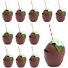 THE TWIDDLERS 12 Bicchieri a Forma di Cocco 470 ml con Fiori Hawaiani e Cannucce di Carta - Bicchieri Cocktail Plastica Riutilizzabili per Festa Hawaiana, Festa Tropicale, Cocktail Party e Decorazioni