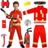 Aitsite Costume da vigili del fuoco per bambini, rosso, con giacca, pantaloni, cintura, casco, estintore, ascia, walkie-talkie e distintivo per carnevale Halloween