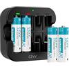 czvv Batterie Ricaricabili AA Lithium 1,5V - Alta Capacità 3500mWh Pile 4 Pezzi con Caricatore 4 Slot Intelligente Caricabatterie Ricarica Rapida 2H, 1500 Cicli, Durata Ultra Lunga 10 Anni