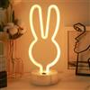 JEMESI Luce al neon a forma di coniglio bianco caldo, insegne al neon a LED a forma di coniglio, con base di supporto, decorazioni artistiche a batteria/USB, luci notturne per feste, matrimoni, compleanni