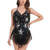 IMEKIS Body da donna con paillettes e frange, scollo a V, per festival musicali, feste, discoteca, Halloween, carnevale, rave, Oro, M