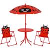 Set tavolo da giardino con 2 sedie pieghevoli, tavolino con sedie da esterno con ombrellone per bambini in metallo e poliestere, rosso