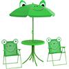 Set tavolo da giardino con 2 sedie pieghevoli, tavolino con sedie da esterno con ombrellone per bambini in metallo e poliestere, verde