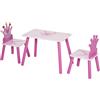 Set tavolo e 2 sedie a tema principesse per cameretta bambini in legno rosa con schienale a forma di corona