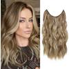 Ms Taj - Extension di capelli invisibili a filo, 40 cm, regolabili, colore: biondo cenere chiaro con riflessi biondi, lunghe, sintetiche, con clip, 1 pezzo di capelli ricci per donne