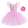 IWEMEK Costume da ballerina per bambine e ragazze, con tutù in pizzo e fiocco per capelli, per ginnastica, danza, ballerina, pattinaggio, rosa, 7-8 Anni