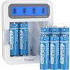 Kratax Batteria AA da 1,5 V, 3500 mWh, alta capacità con 1600 cicli lunghi, 8 batterie ricaricabili al litio AA con ricarica rapida da 2 ore, caricatore LCD