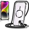 Coiwxmoi Magnetica Cover per iPhone 14 6.1 con Cordino Regolabile, Compatibile con MagSafe,Trasparente Custodia con Collana Tracolla Laccio Collo TPU Silicone Lanyard Case Antiurto,Nero