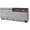 Skraut Home | Credenza, Mobile, Cucina | Madia, mobile ingresso | 200x87x35cm | 4 Porte | Camino elettrico | Design industriale | Stile moderno | Cemento