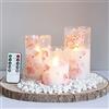 Mavandes Candele LED di vetro tremolanti senza fiamma con telecomando e temporizzazione, set di 3 candele elettriche a pilastro con funzionamento a batteria, Fiori di ciliegio,7.5x10 12.5 15cm