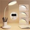 LQWELL Lampada da scrivania a LED touch, collo di cigno a 360°, 3 colori e luminosità dimmerabili, con portapenne, portatelefono, cavo di alimentazione da 1,2 m, bianco