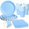 ZblPyro 120 Pezzi Blu Chiaro stoviglie per feste di compleanno per 30 Ospiti | 23 e 18 cm piatti carta ondulati, bicchieri carta,tovaglioli,baby shower maschio,compleanno in piscina,celebrazione estiva