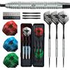 Harrows Sabre - Set di freccette con punta in acciaio al tungsteno al 90%, precisione professionale da 21 g a 26 g, 23 pezzi con alberi di ricambio, voli per maratona e custodia da viaggio, testato