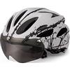 SUPYINI Casco da Bici, Casco da Ciclismo per Uomo Adulto e Donna, Casco Protettivo con Visiera Magnetica (Bianco e nero)