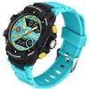 findtime Orologi per uomo e ragazzo, analogico, digitale, al quarzo, arancione, con allarme/cronometro, due fusi orari/LED 5 ATM, impermeabili, per uomini, Blu marino, cinghia
