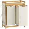 SONGMICS Cesto Portabiancheria, 2 Scomparti, Bambù, Cesto Portabiancheria 150 L, con Ripiano, Borsa, Tasche Laterali, Ripiano, 2 x 50 L, 63 x 33 x 78 cm, Bianco Crema