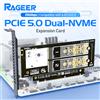 RAGEER Scheda di Estensione PCIe 5.0 a Doppio M.2 NVMe X16/X8, Adattatore Riser Card 256Gbps per SSD 2280/60/42/30, Supporto RAID 0