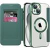 SIYOPINPFY Cover Magnetica per iPhone 15 Plus, Slot per Scheda, Verde JD | Compatibile con MagSafe , Protezione Fotocamera , RFID Blocking , Custodia a Portafoglio in Pelle PU , Retro Trasparente Case