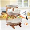 AOOGON Fruttiera 3 Ripiani in Ceramica Bianco, Portafrutta a Ripiani in Legno Naturale, Cestino di Frutta in Ceramica, Cesta Portafrutta per Frutta e Verdura, Soggiorno e Ristorante