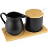 MeYuxg Set Latte e Zucchero, Contiene Zuccheriera Ceramica con Coperchio e Cucchiaino, Lattiera con Vassoio in Legno, Adatto al Microonde e alla Lavastoviglie (Nero)