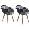 HOME DECO FACTORY - Set di 2 poltrone per soggiorno, sala da pranzo, multicolore Patchwork Scandivave legno, tessuto blu grigio HD6501, 59,00 x 64,50 x 85,00 cm